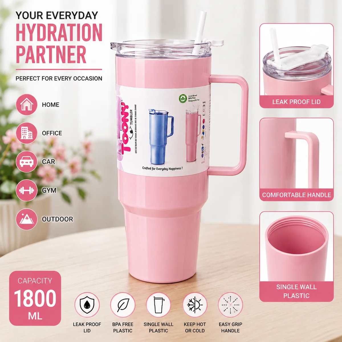 1800 ML Large Plastic Tumbler with Handle & Straw