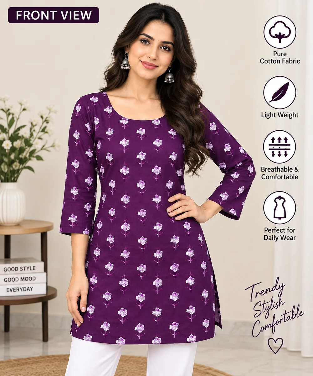 Women’s Purple Floral Printed Pure Cotton Short Kurti | 3/4 Sleeve | Casual & Daily Wear