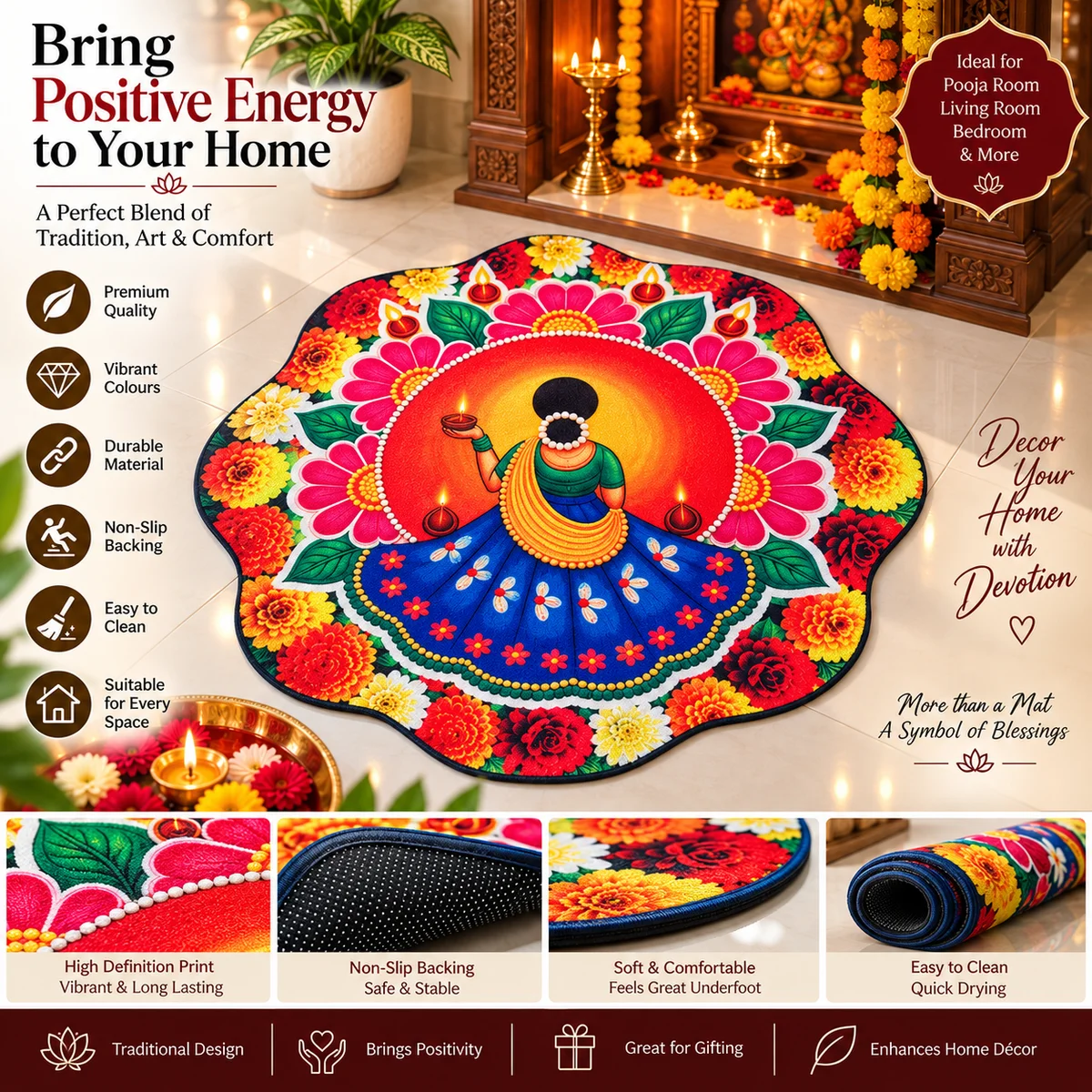 Beautiful Rangoli Printed Floor Mat with Diya Design for Home Decor