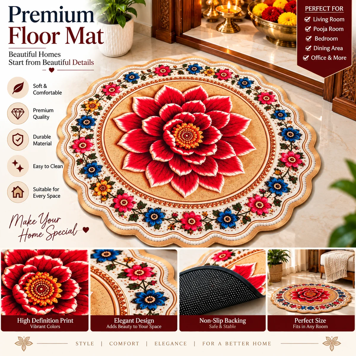 Elegant Floral Round Floor Mat for Home Decoration