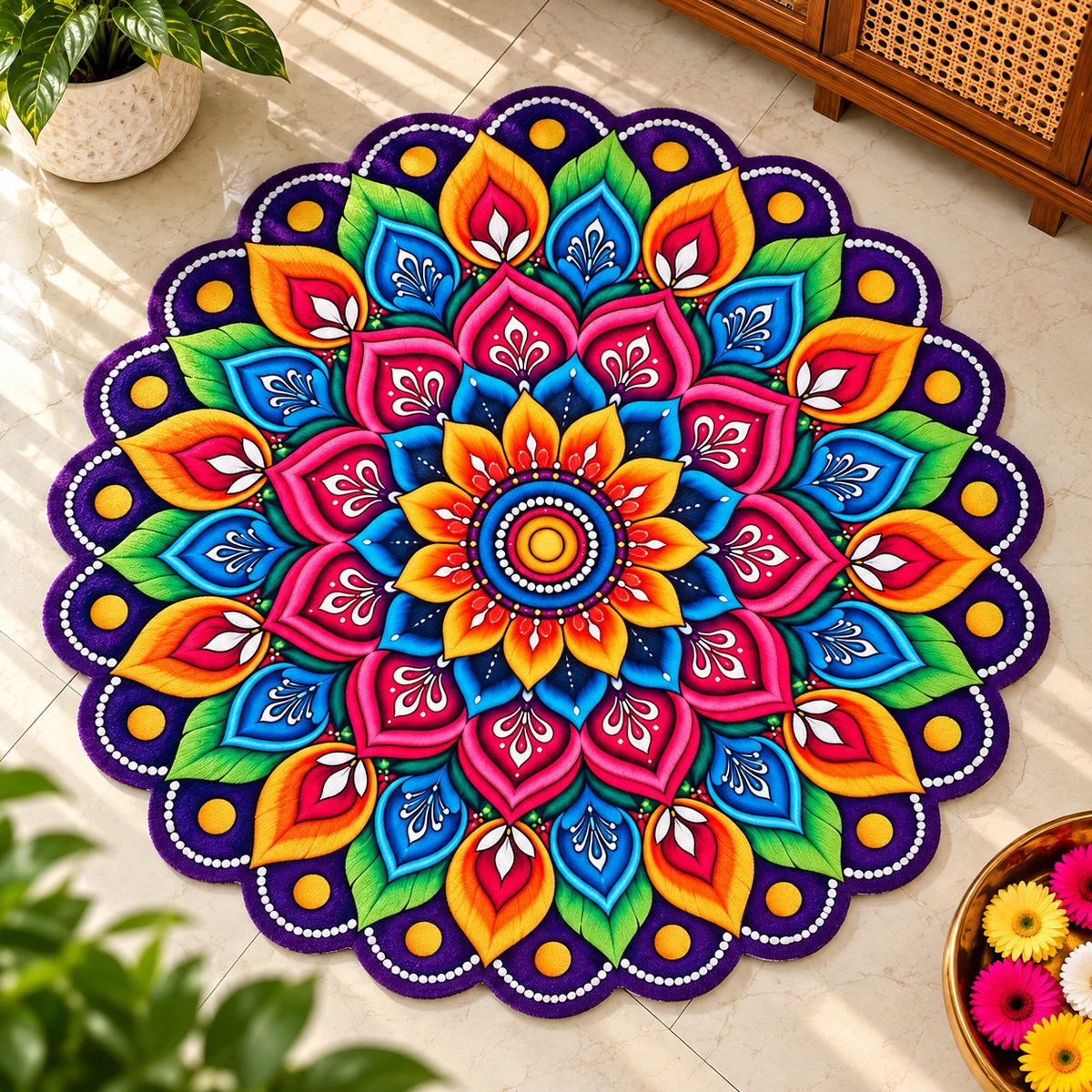 Multicolor Mandala Round Floor Mat for Home Décor | Floral Design