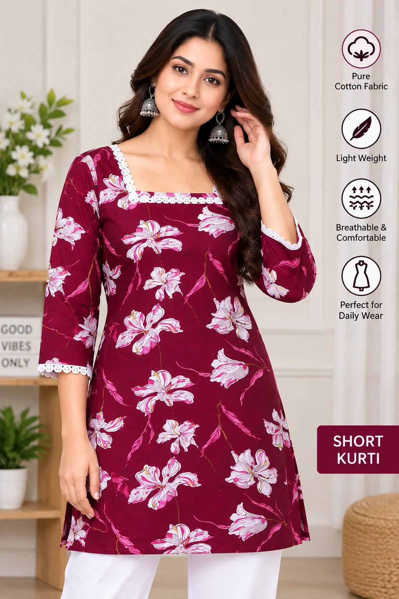 Women’s Maroon Floral Printed Pure Cotton Short Kurti