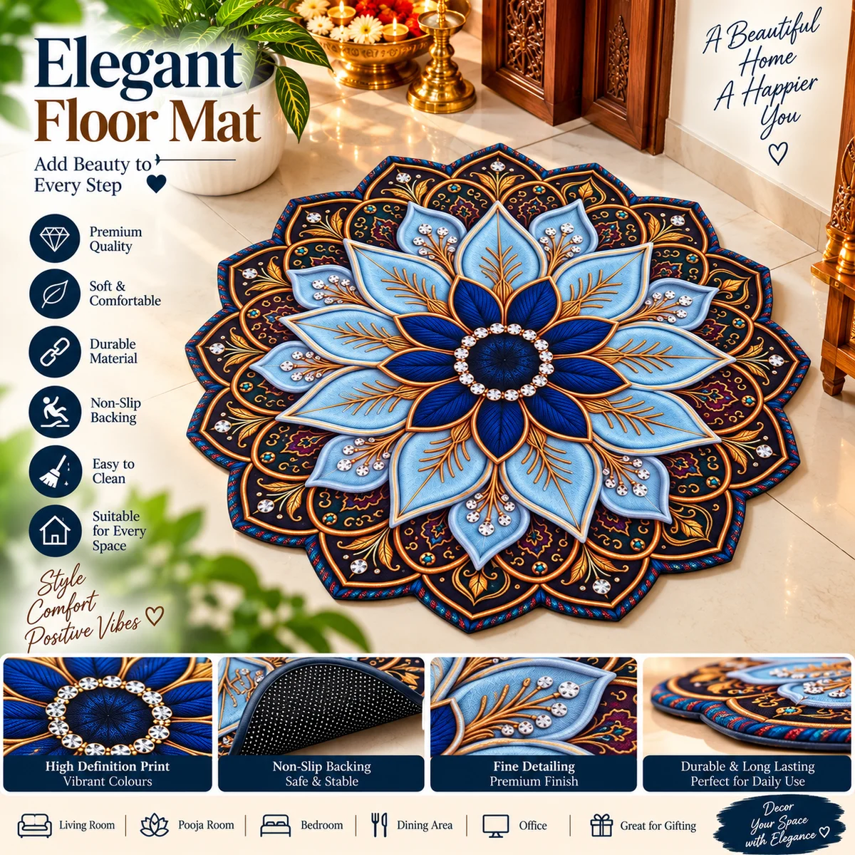 Premium Blue Floral Mandala Round Floor Mat for Home Decoration