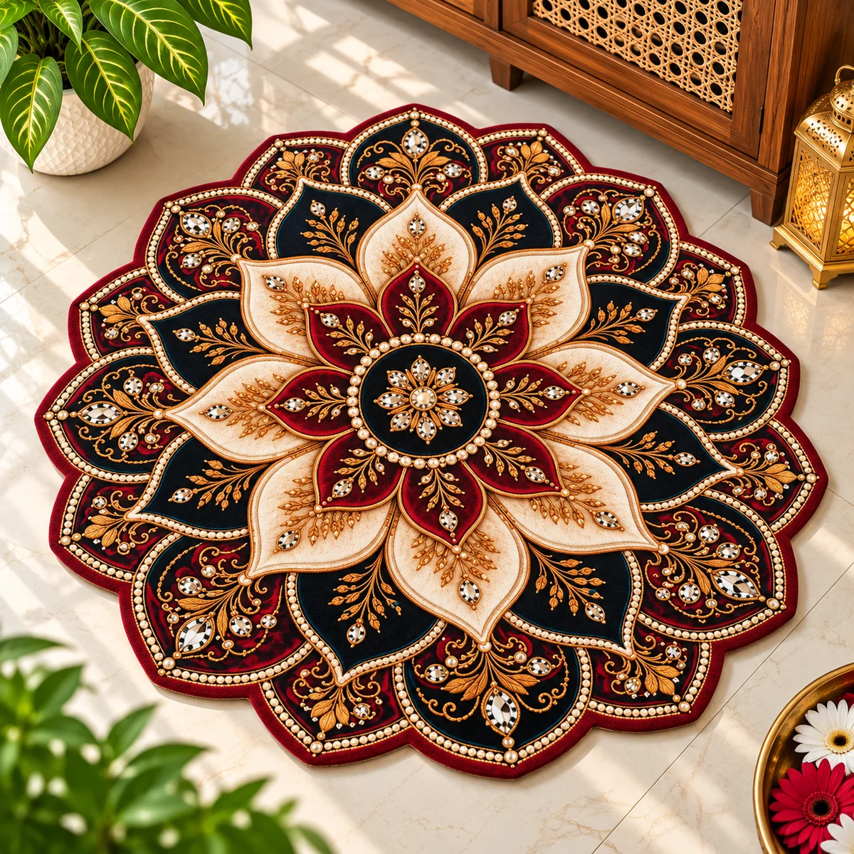 Premium Mandala Round Floor Mat | Red, Black & Golden Floral Design | Home Décor Mat