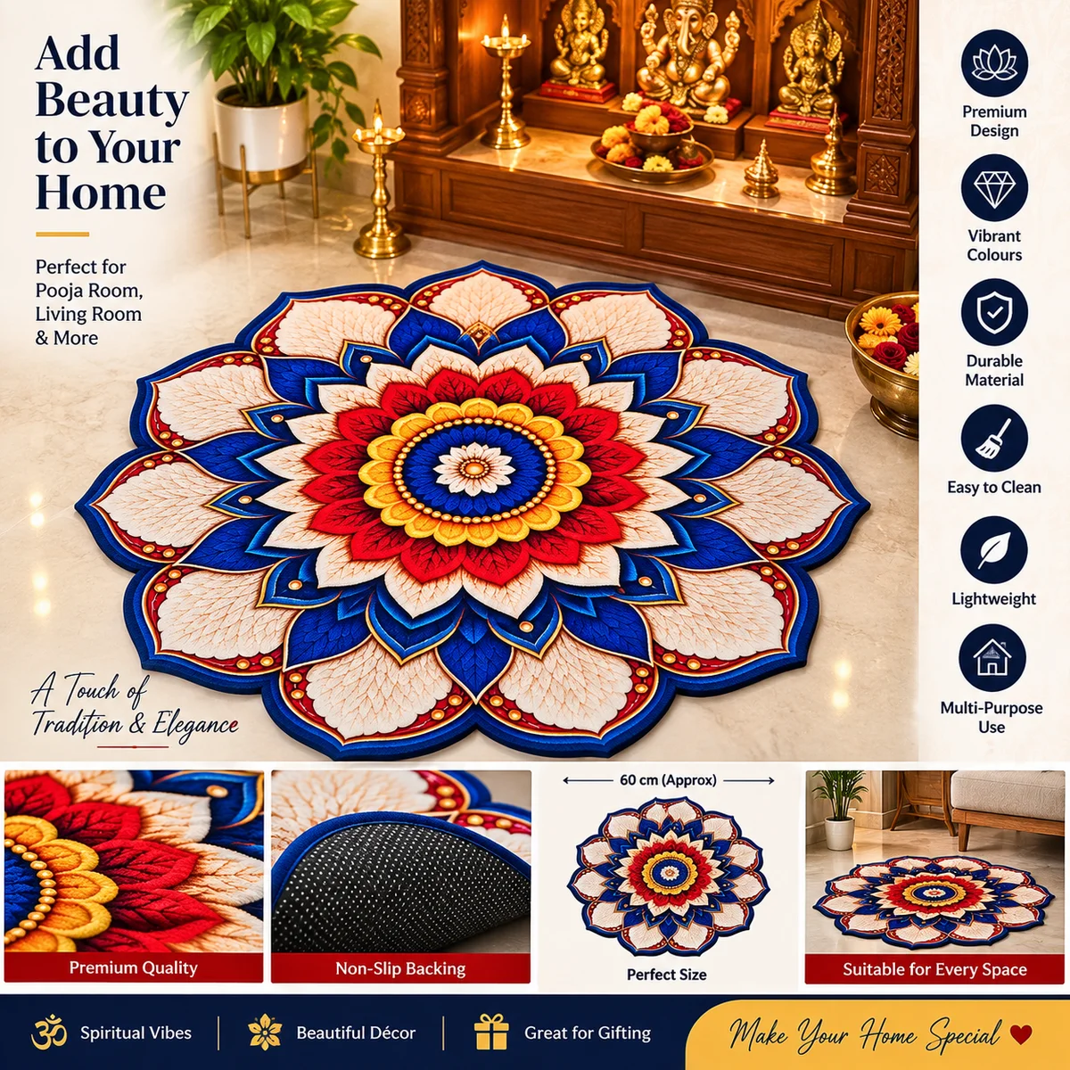 Beautiful Lotus Mandala Printed Round Decorative Mat for Home