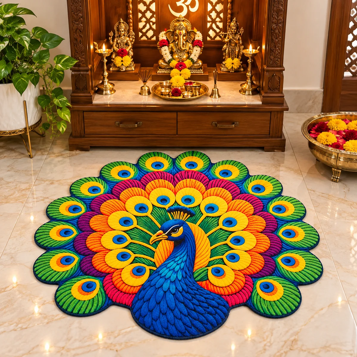 Beautiful Peacock Printed Round Floor Mat for Home Decor