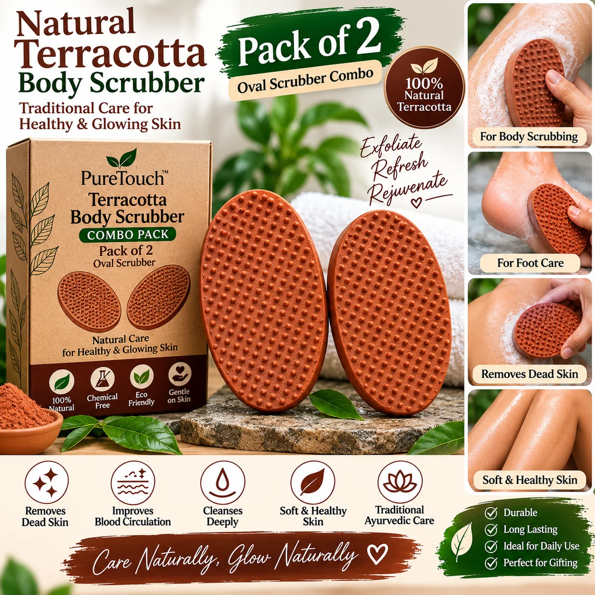 : Natural Terracotta Oval Body Scrubber – Pack of 2