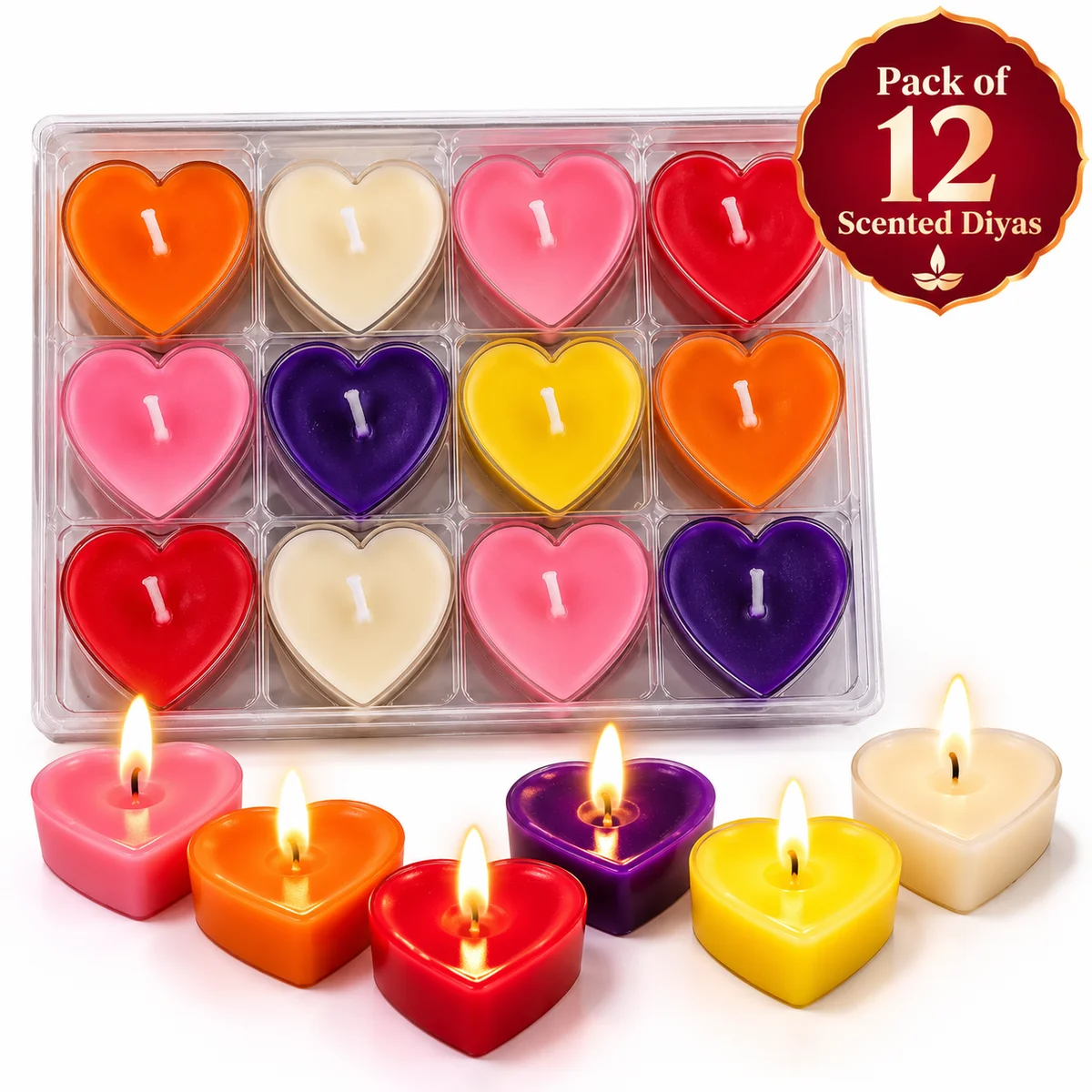 Heart Shape Scented Candles / Diyas – Pack of 12