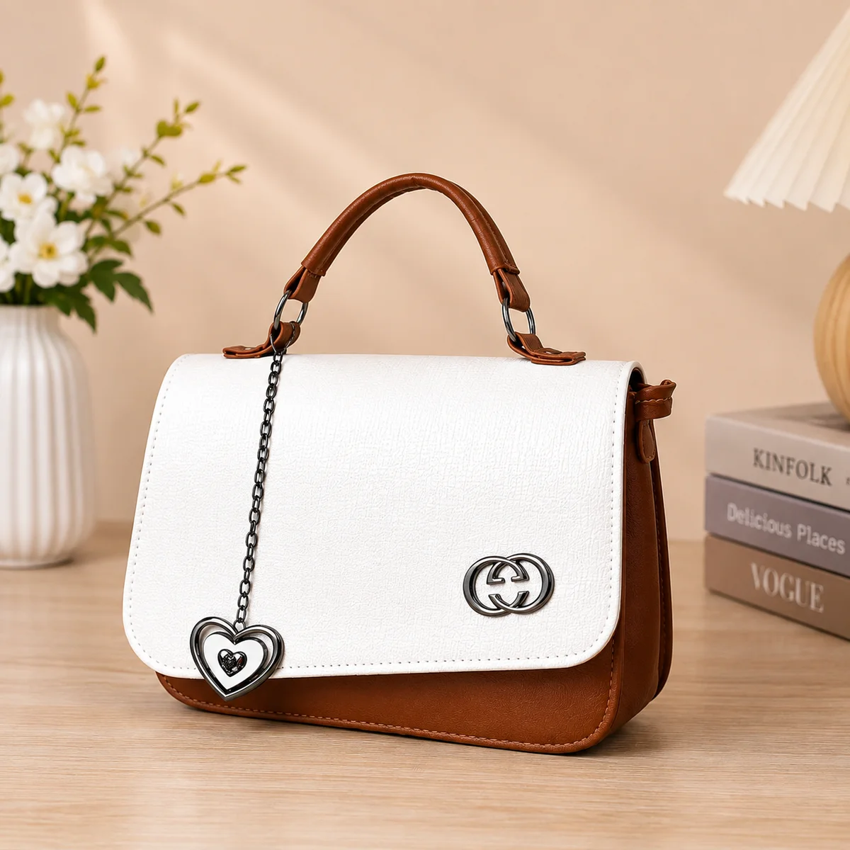 Stylish Women’s Handbag | Elegant White & Brown Shoulder Bag | Premium Look