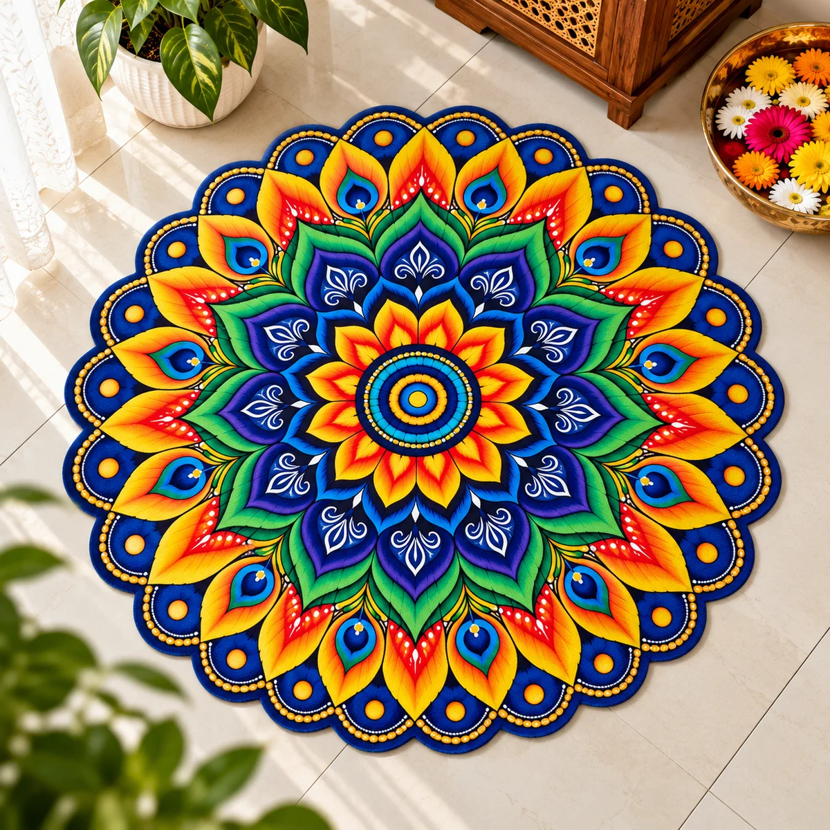 Beautiful Peacock Mandala Round Floor Mat for Home Decoration