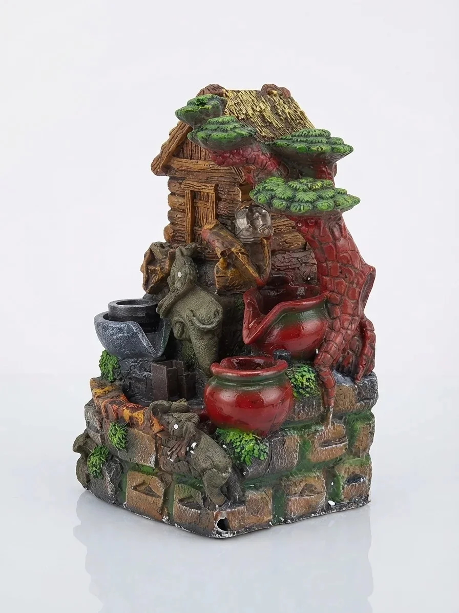 Lucky Elephant & Rustic Cabin Tabletop Rockery Fountain with Glowing Crystal Ball & Water Wheel