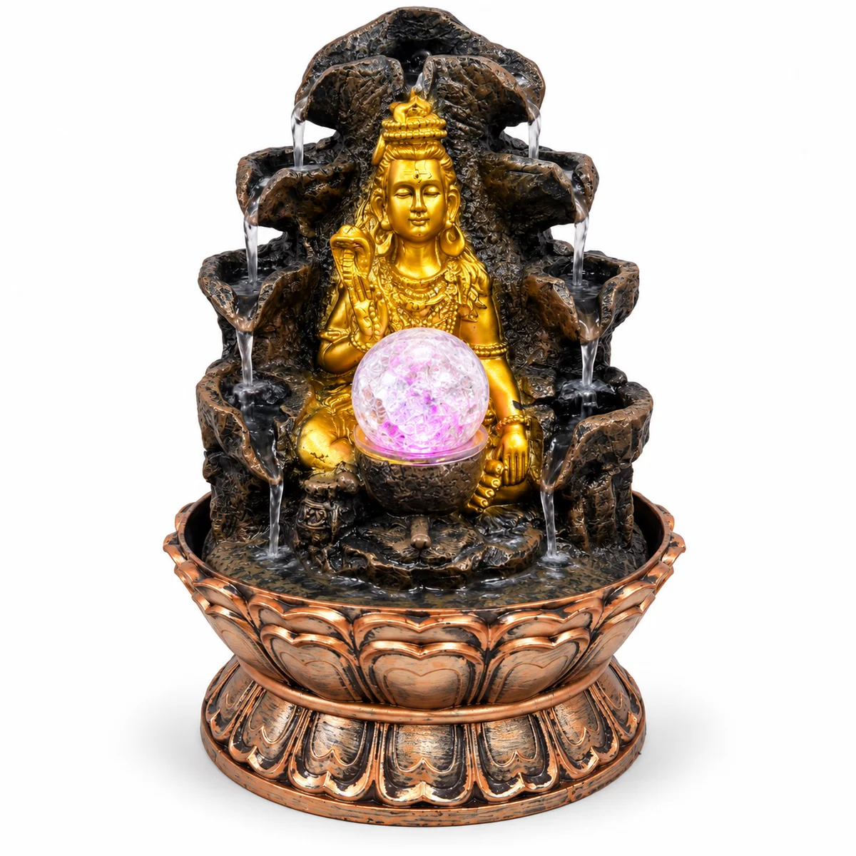 Divine Lord Shiva LED Water Fountain Showpiece with Crystal Ball & Lotus Base for Home Décor
