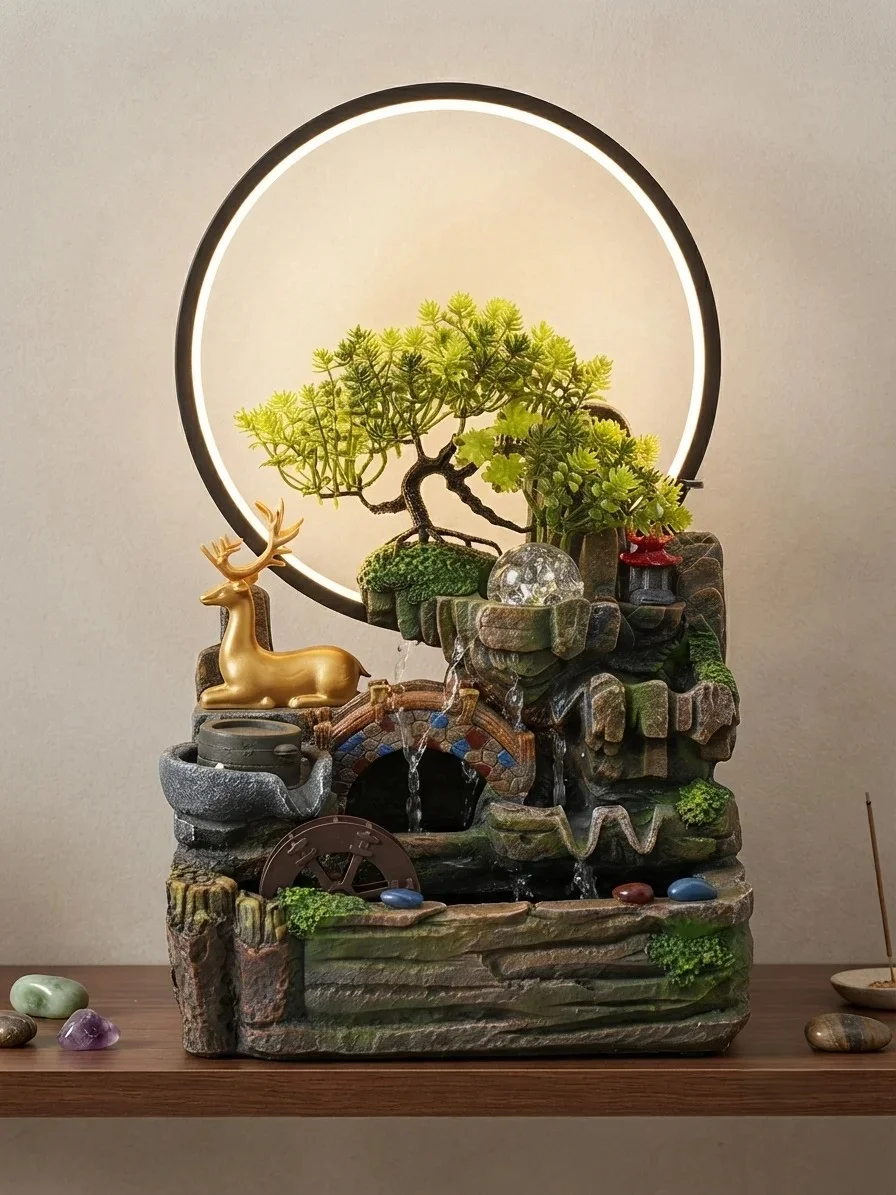 Zen Mountain Landscape Tabletop Water Fountain with Bonsai Tree, LED Moon Ring, and Water Wheel