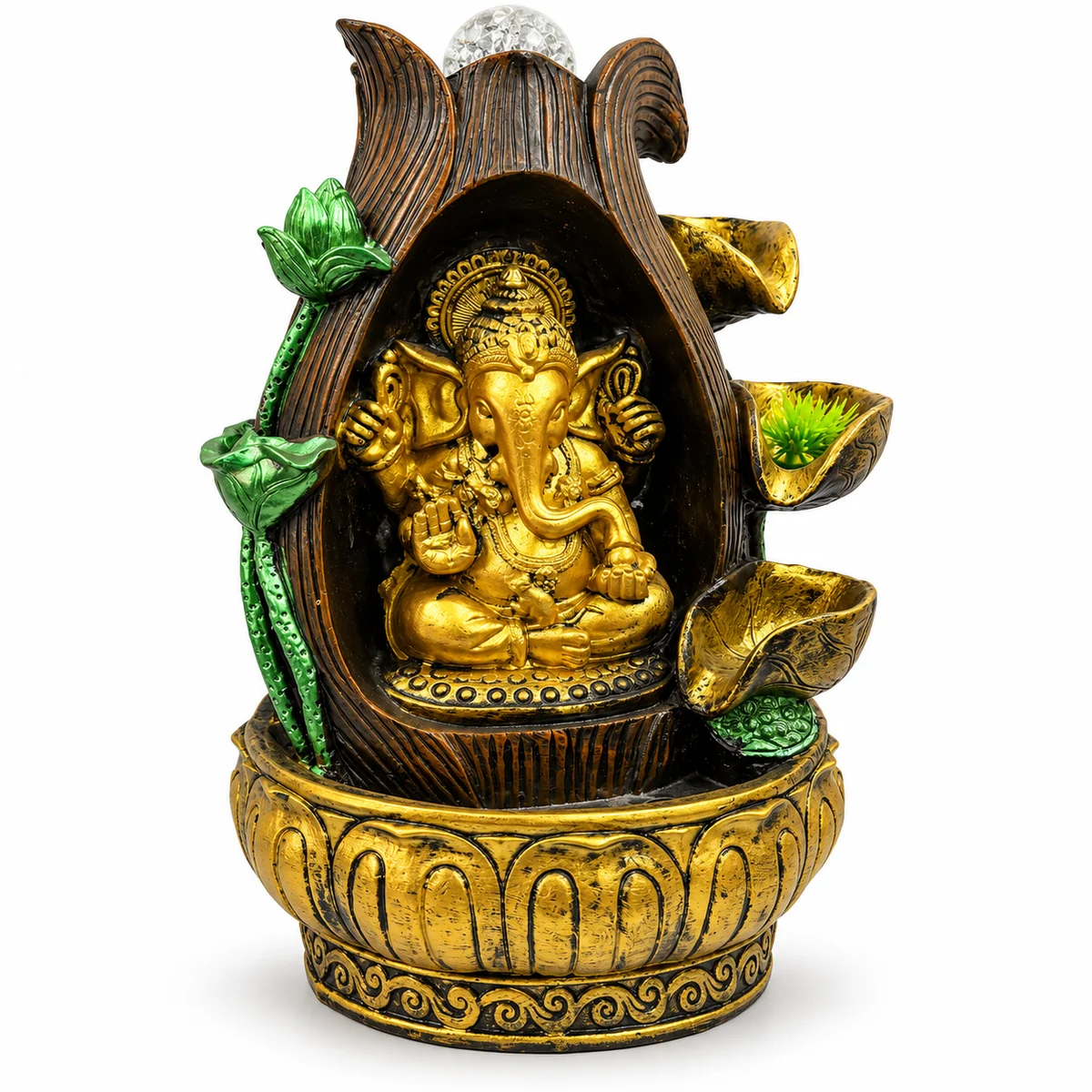 Divine Golden Lord Ganesha Tabletop Water Fountain Showpiece with LED Crystal Ball