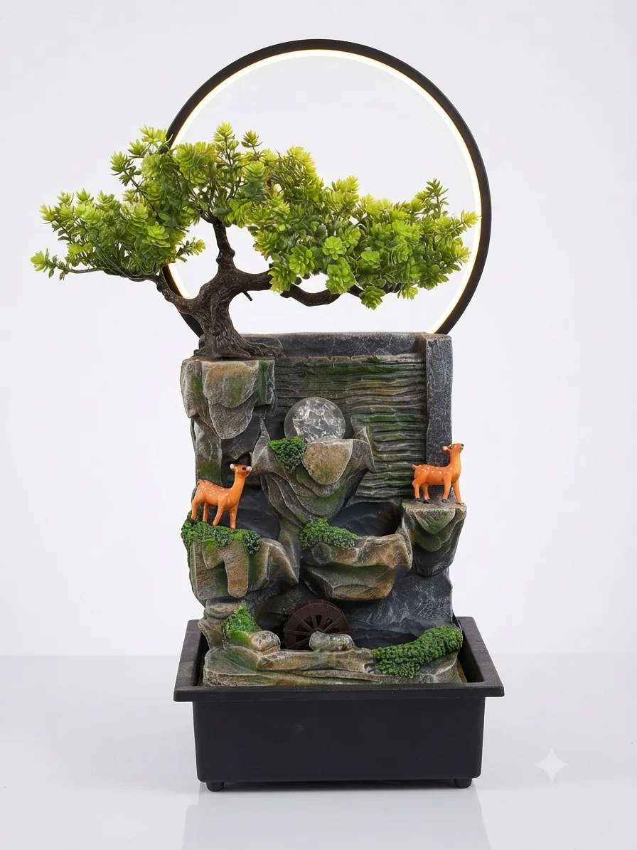 ZenGlow Illuminated Bonsai Rockery Fountain with Water Wheel & Deer Figurines