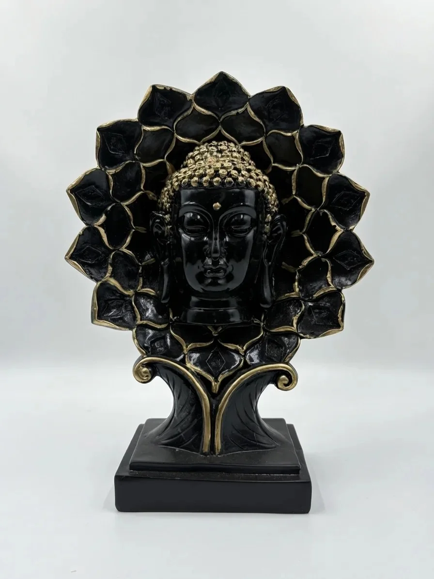 Black & Gold Buddha Bust with Lotus Halo Statue