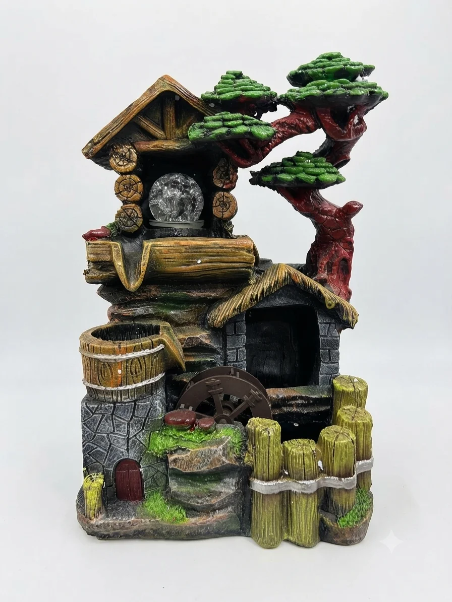 Rustic Village Cabin & Bonsai Water Fountain with Crystal Ball & Water Wheel
