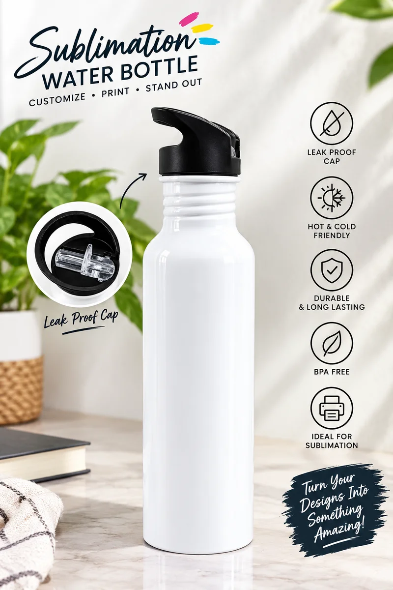Premium White Sublimation Water Bottle with Leak-Proof Flip Cap