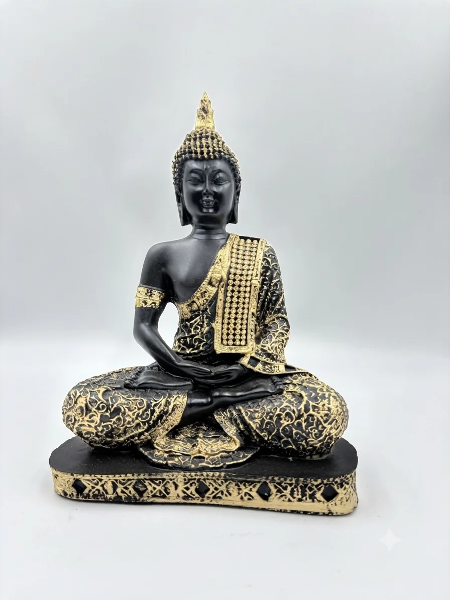 Ornate Black & Gold Meditating Buddha Statue