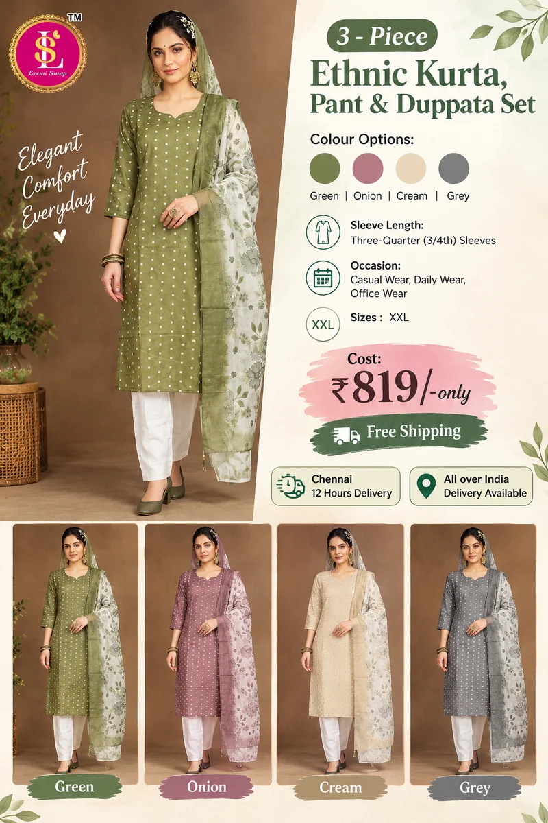Premium 3 Piece Ethnic Kurtha, Pant and Duppata Set