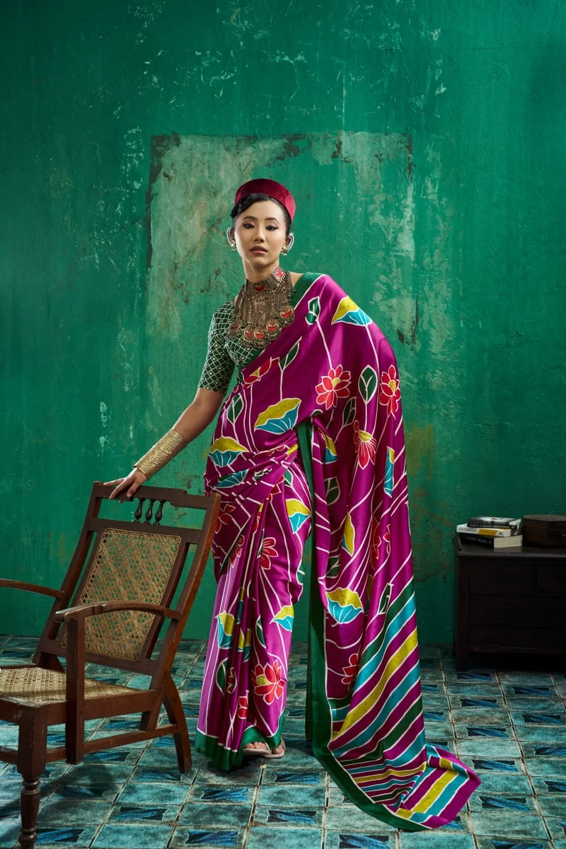 Modal Satin Ajrakh Print Saree + matching Moda blouse by www.Laavsee.com