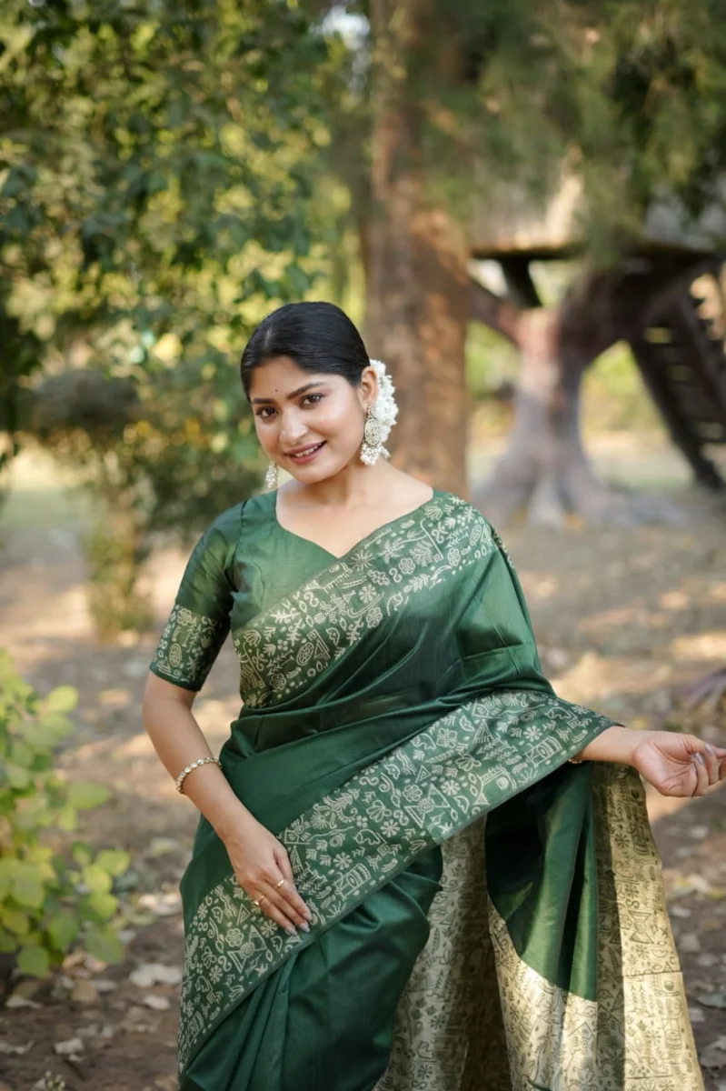 Handloom Raw Silk Saree with rich weaving pallu, unique Gala Border pattern + running blouse piece by www.Laavsee.com