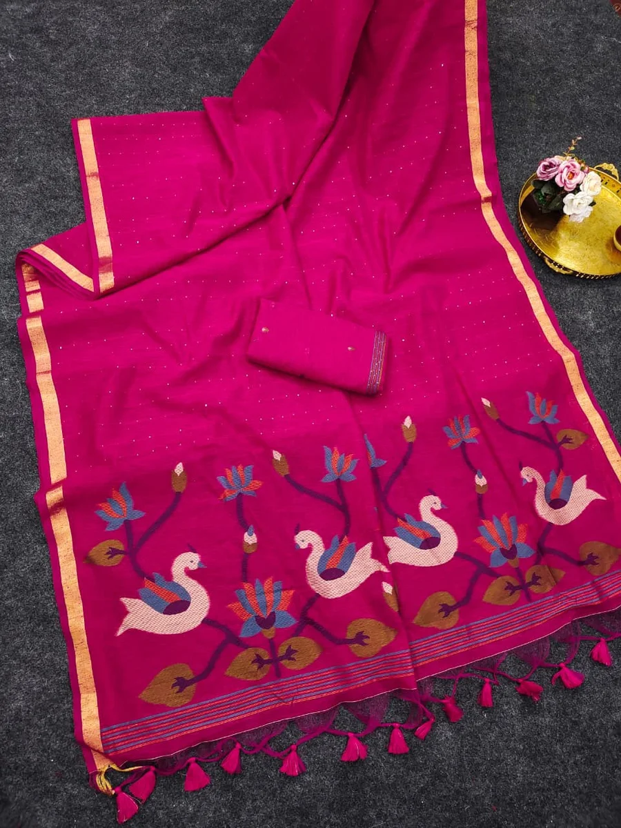 LINEN SILK 606 – Premium soft linen silk saree with Meena weaving, rich Jamdani pallu by www.Laavsee.com