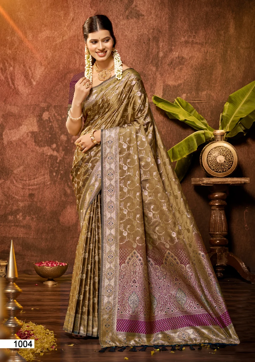 Satin Silk Saree with beautiful Zari weaving border & designer pallu + matching Satin Silk blouse with weaving | Occasion: Party, Festival