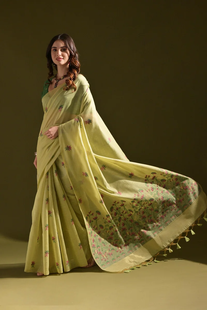 MUGA COTTON 217 – Premium soft Muga cotton saree with all-over floral weaving pattern (Pichwai-style), classic colourful Resham weaving pallu, fancy tassels + c