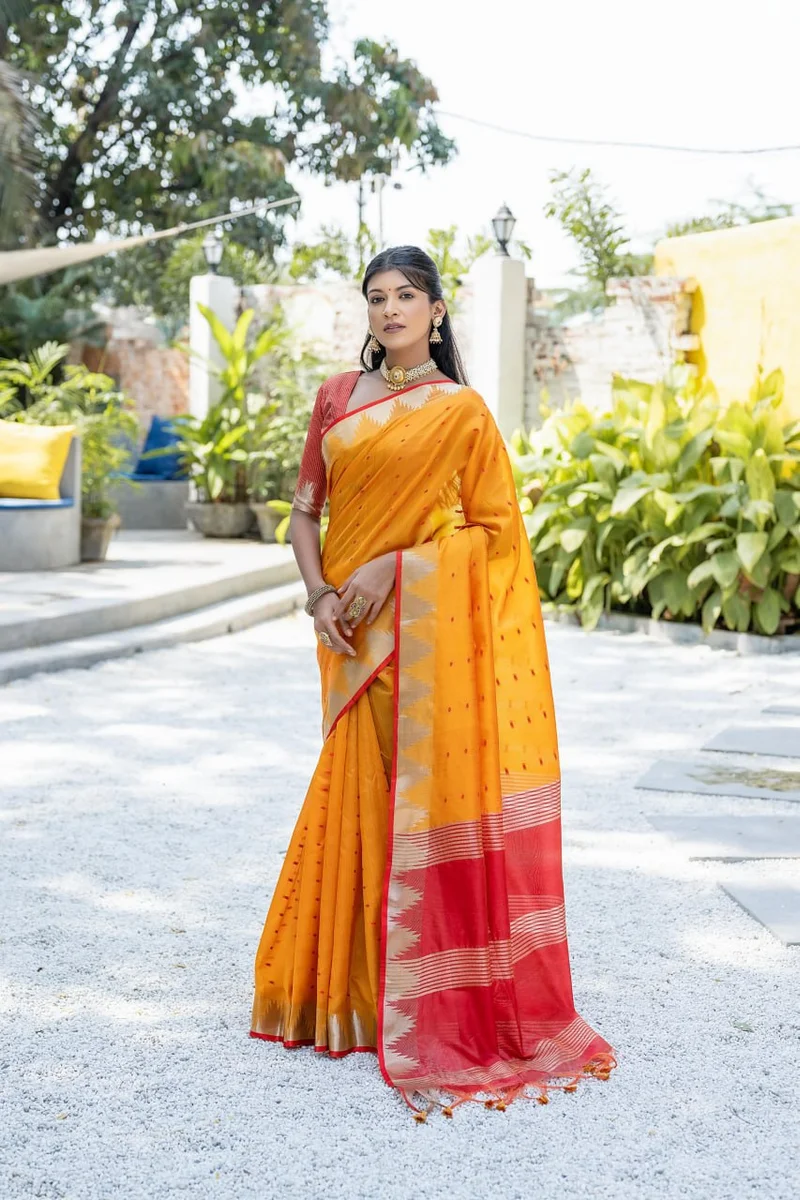 WhatsApp 📞 +917698385113 www.Laavsee.com __ LV202CN151026-1 ✨ Elisha Pyramid – Semi Tussar Silk Saree with all-over Bandhani Butti weaves, traditional temple b