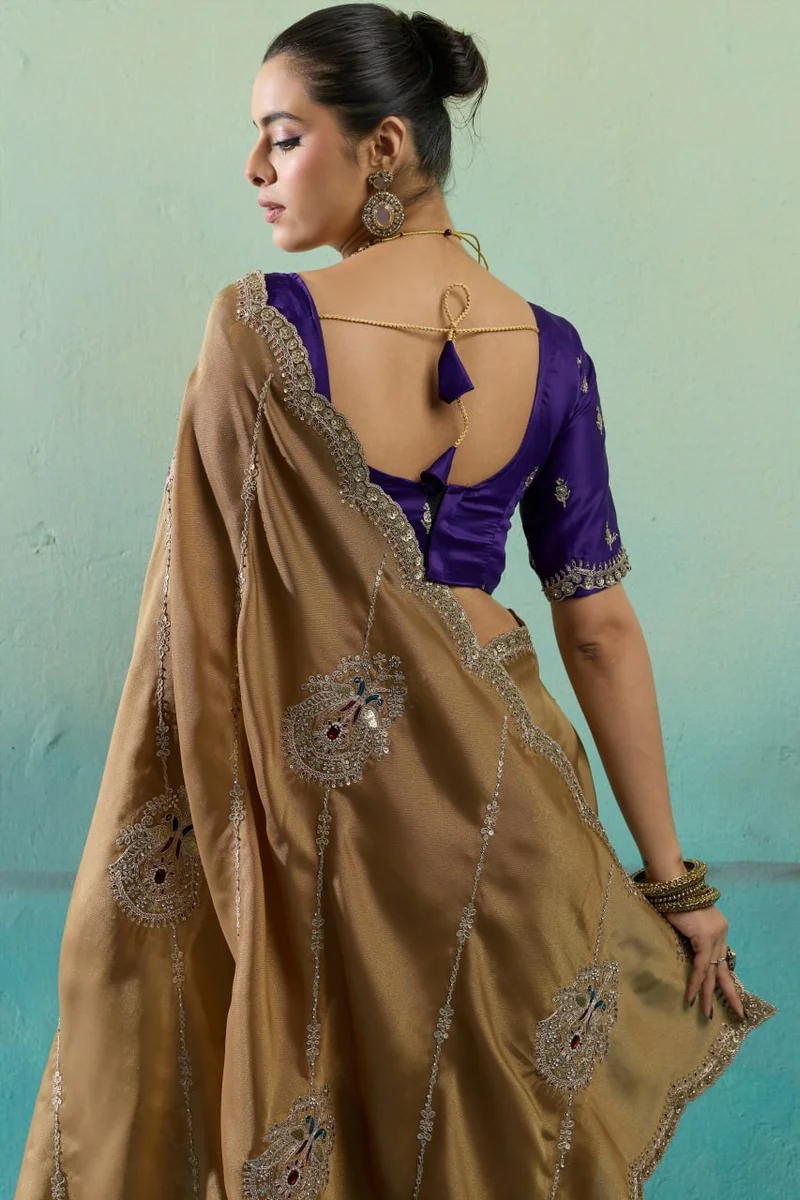 Giraffe Saree with rich texture, fluid drape, intricate Butta embroidery, handwork & stonework + Royal Makhmal Satin blouse in contrasting shades | Occasion: Pa