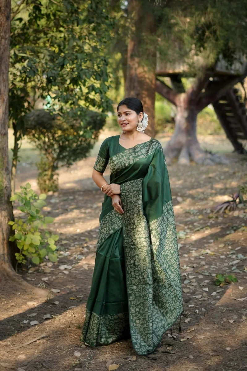 Handloom Raw Silk Saree with rich weaving pallu, unique Gala Border pattern + running blouse piece by www.Laavsee.com