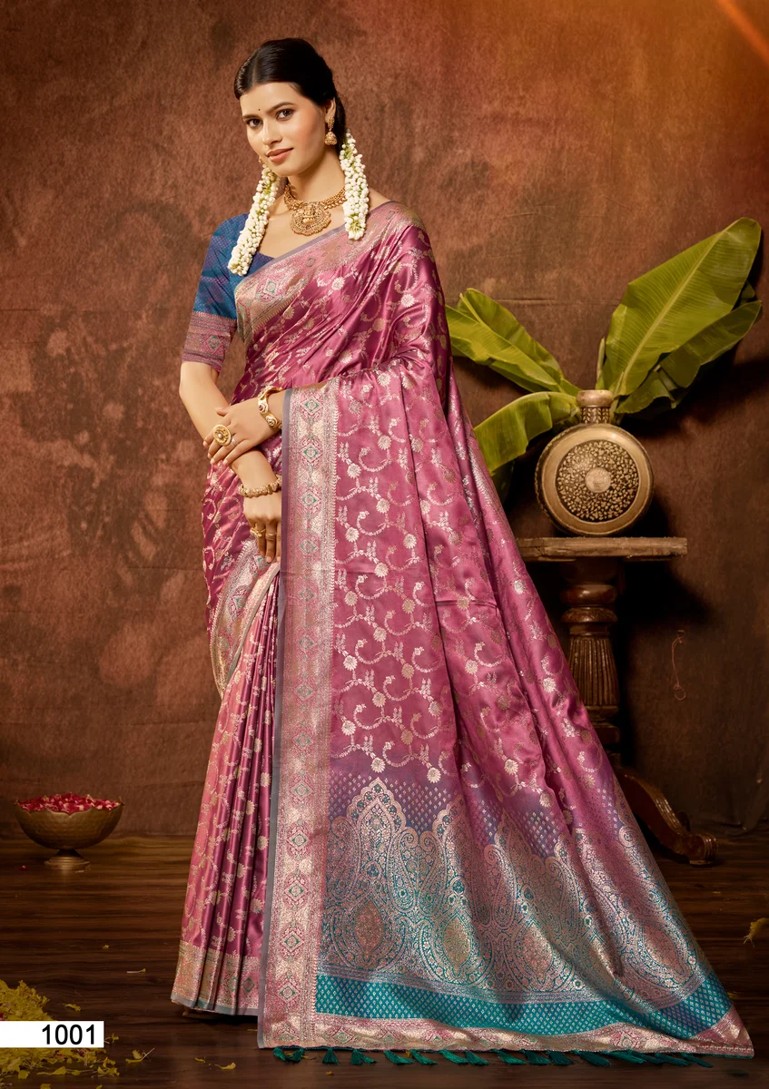 Satin Silk Saree with beautiful Zari weaving border & designer pallu + matching Satin Silk blouse with weaving | Occasion: Party, Festival