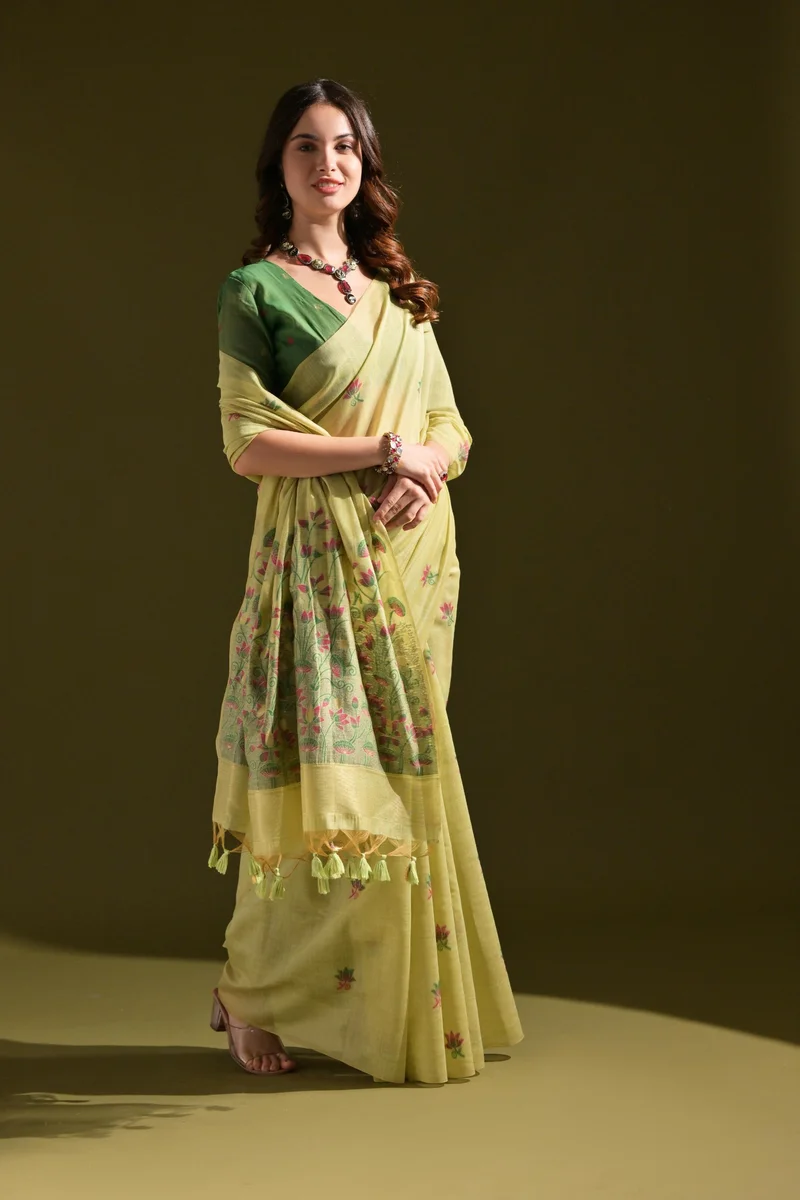 MUGA COTTON 217 – Premium soft Muga cotton saree with all-over floral weaving pattern (Pichwai-style), classic colourful Resham weaving pallu, fancy tassels + c