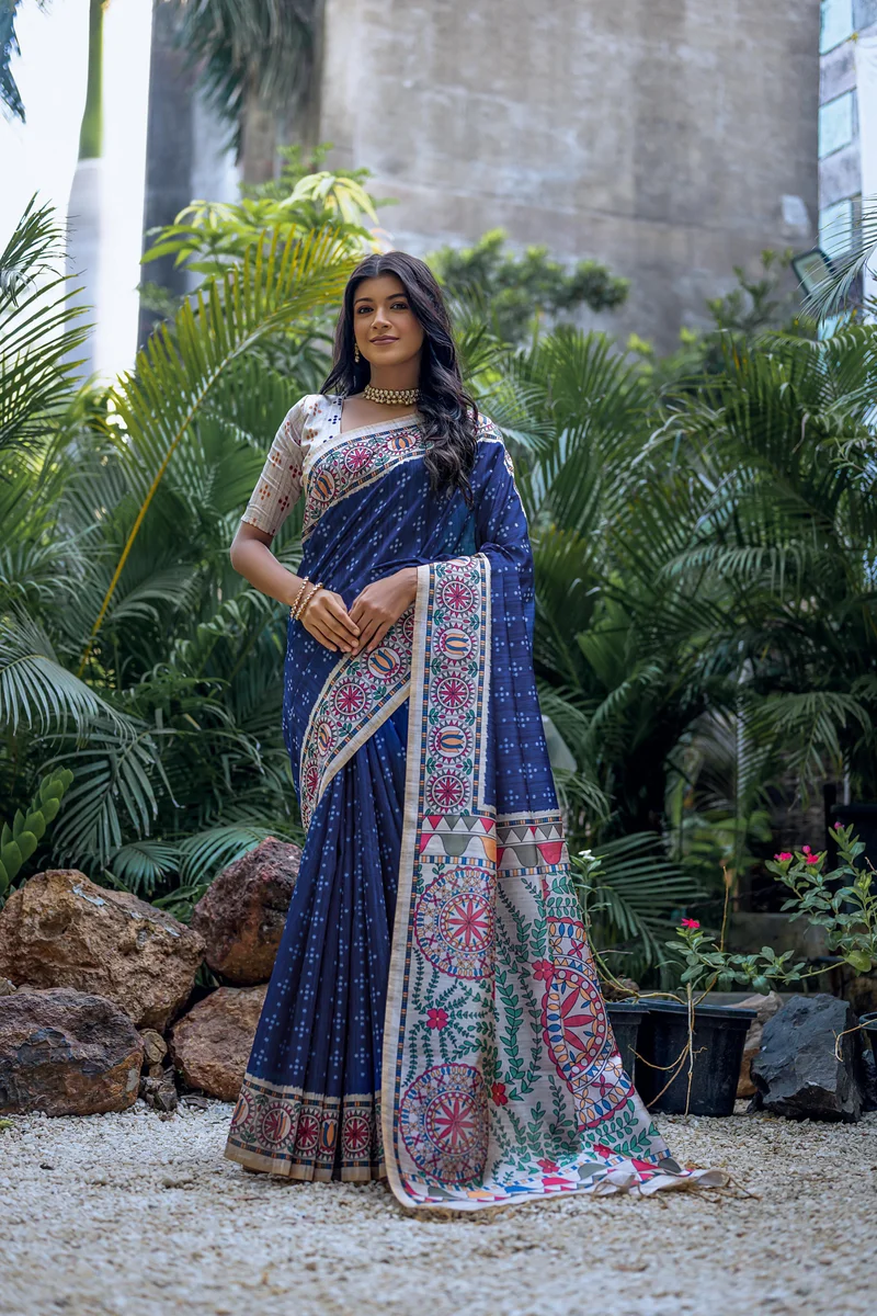 YOGITA MADHUBANI 2 – Soft Tussar Silk with beautiful Madhubani print on pallu & border, classic Bandhani print all over body + contrast blouse piece