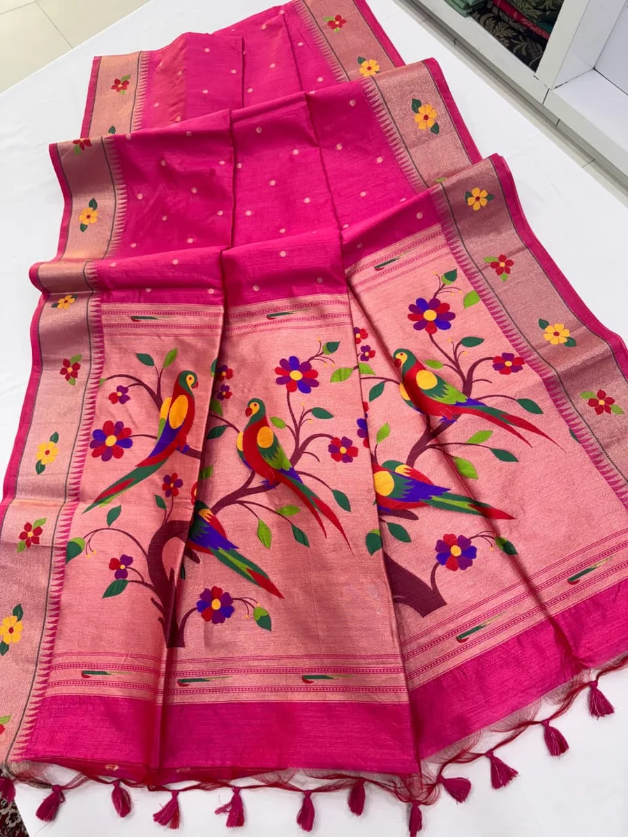 Phoolmala Paithani – Soft Khadi Raw Silk Saree with colorful rich Meena weaving Paithani pallu, traditional floral border, all-over small butties + full Zari wo