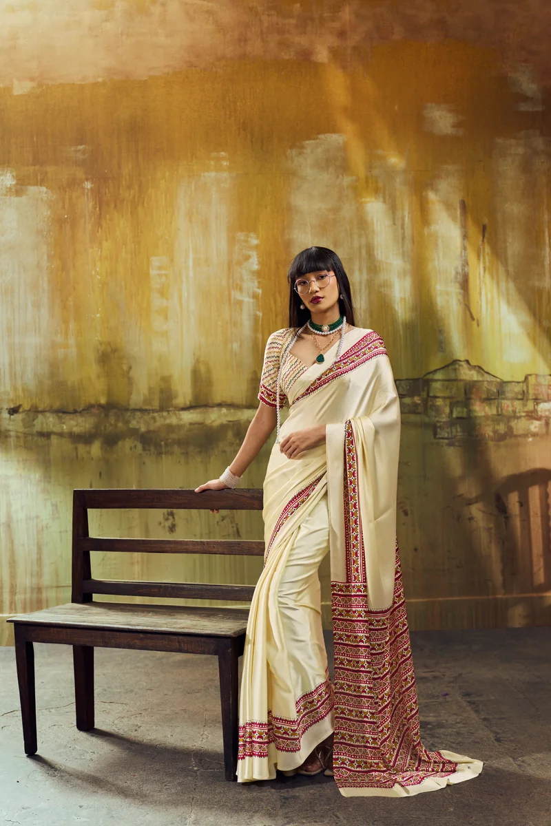 Modal Satin Ajrakh Print Saree + matching Modal Satin Ajrakh Print blouse by www.Laavsee.com