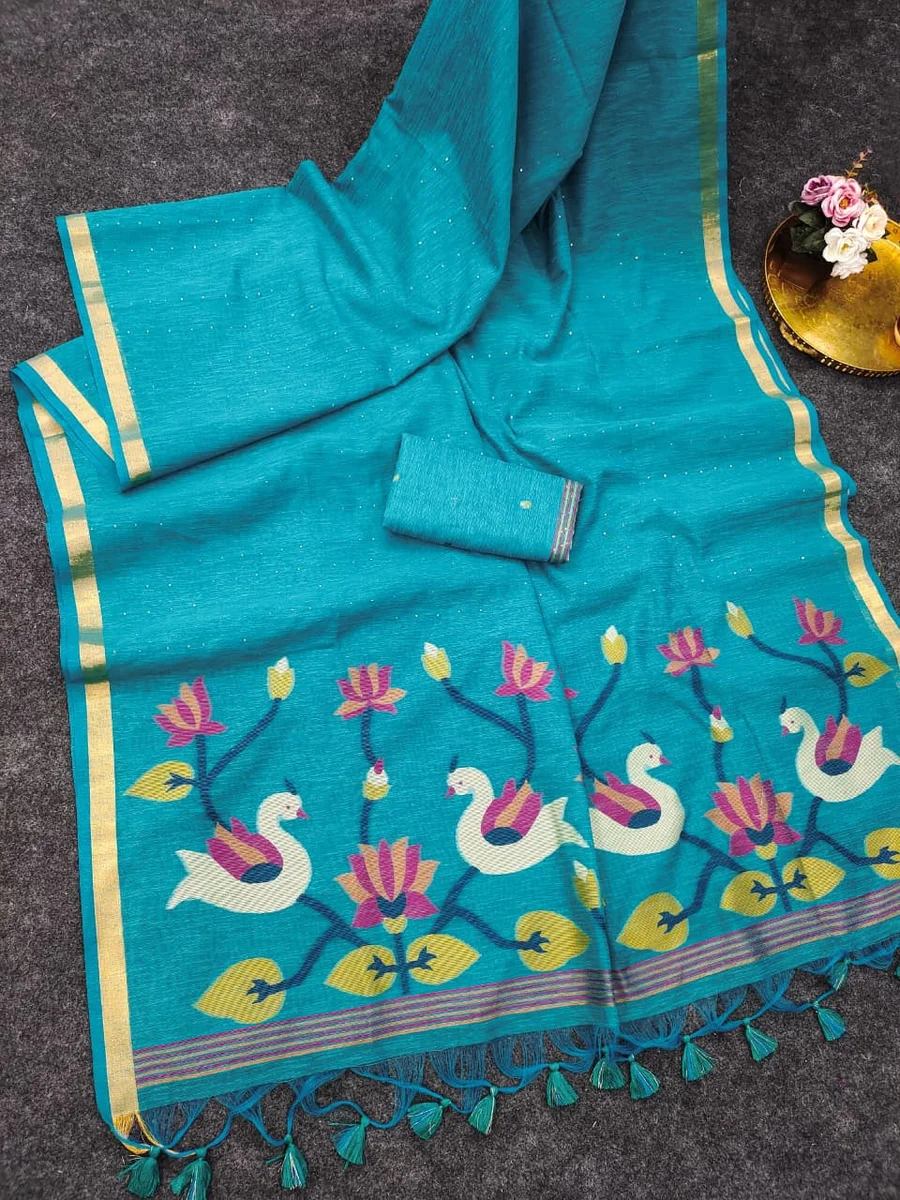 LINEN SILK 606 – Premium soft linen silk saree with Meena weaving, rich Jamdani pallu by www.Laavsee.com