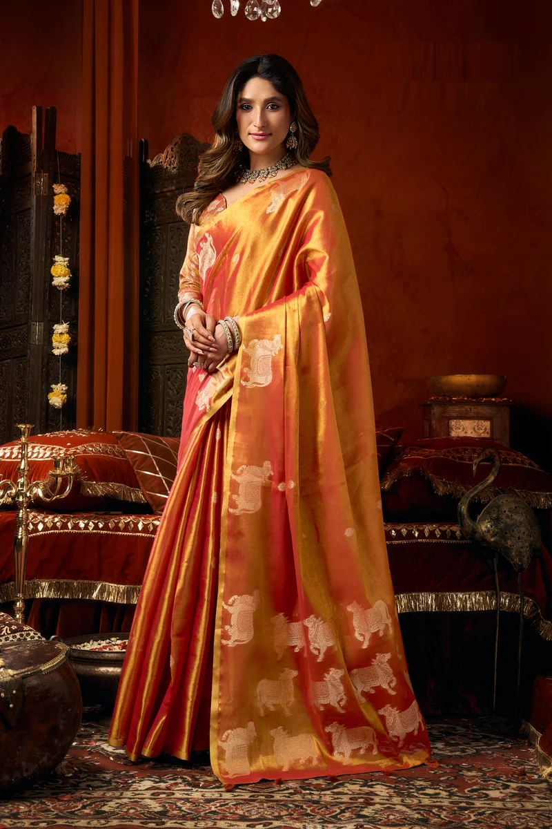 Supriya (Series 3601–3606) – Heavy Tissue Silk Saree with all-over Cow Butta & fancy tassels + matching blouse piece