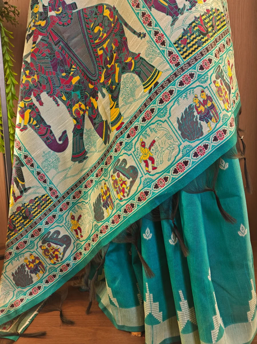 LV202CN151026-6 — HANDLOOM 430 - Raw silk saree with Kalamkari elephant and Kathakali pallu, temple weaving border, all-over butti, contrast blouse, and fancy t