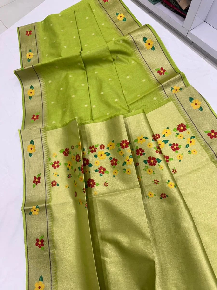 Phoolmala Paithani – Soft Khadi Raw Silk Saree with colorful rich Meena weaving Paithani pallu, traditional floral border, all-over small butties + full Zari wo