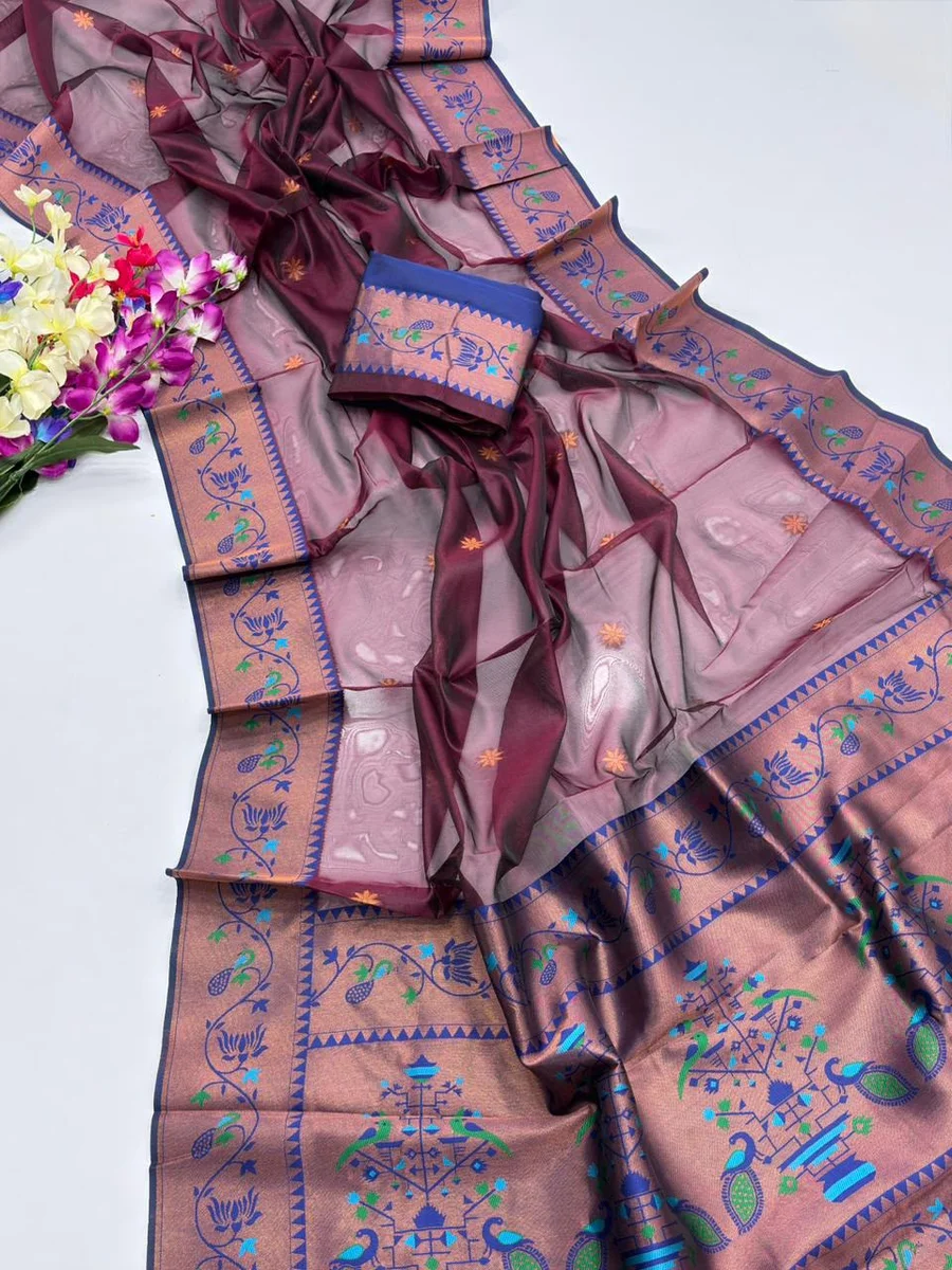 Paithani 652 – Premium Soft Tissue Silk Paithani Saree with rich Zari woven Paithani pallu, contrast Zari & Meena classic lotus woven border, all-over tiny butt