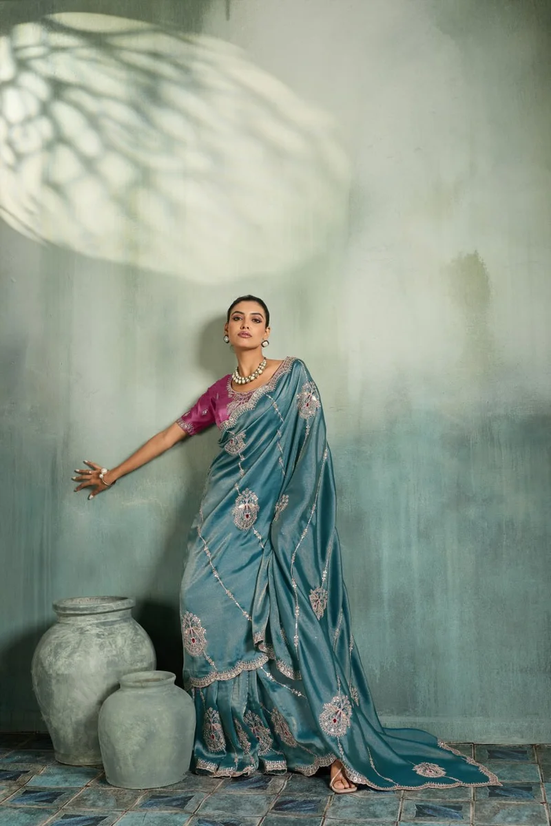Giraffe Saree with rich texture, fluid drape, intricate Butta embroidery, handwork & stonework + Royal Makhmal Satin blouse in contrasting shades | Occasion: Pa