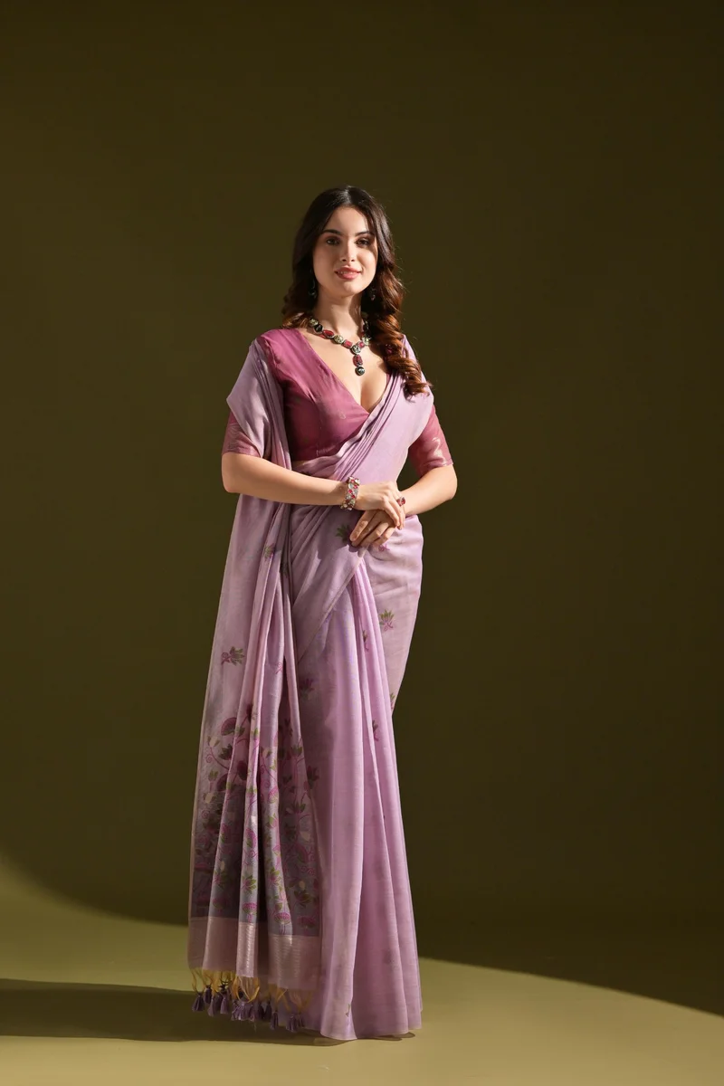 MUGA COTTON 217 – Premium soft Muga cotton saree with all-over floral weaving pattern (Pichwai-style), classic colourful Resham weaving pallu, fancy tassels + c