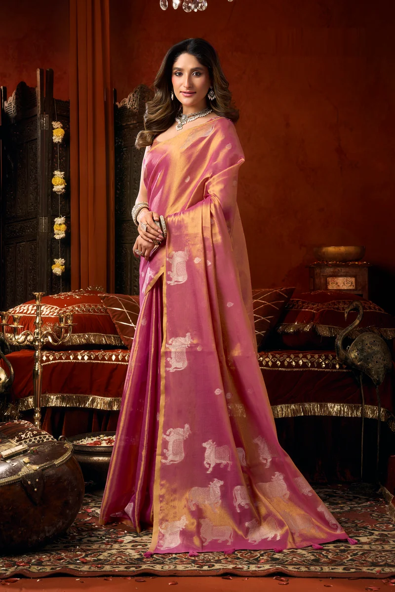 Supriya (Series 3601–3606) – Heavy Tissue Silk Saree with all-over Cow Butta & fancy tassels + matching blouse piece