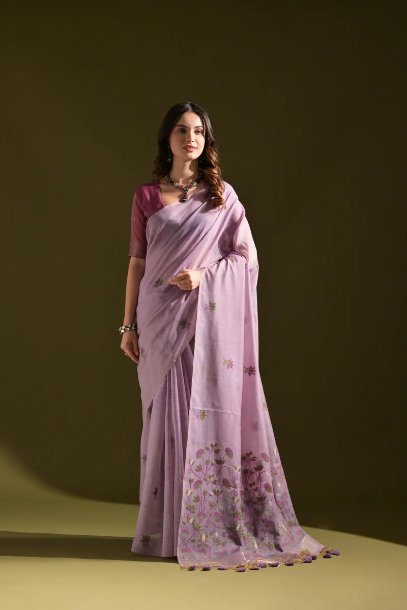 MUGA COTTON 217 – Premium soft Muga cotton saree with all-over floral weaving pattern (Pichwai-style), classic colourful Resham weaving pallu, fancy tassels + c