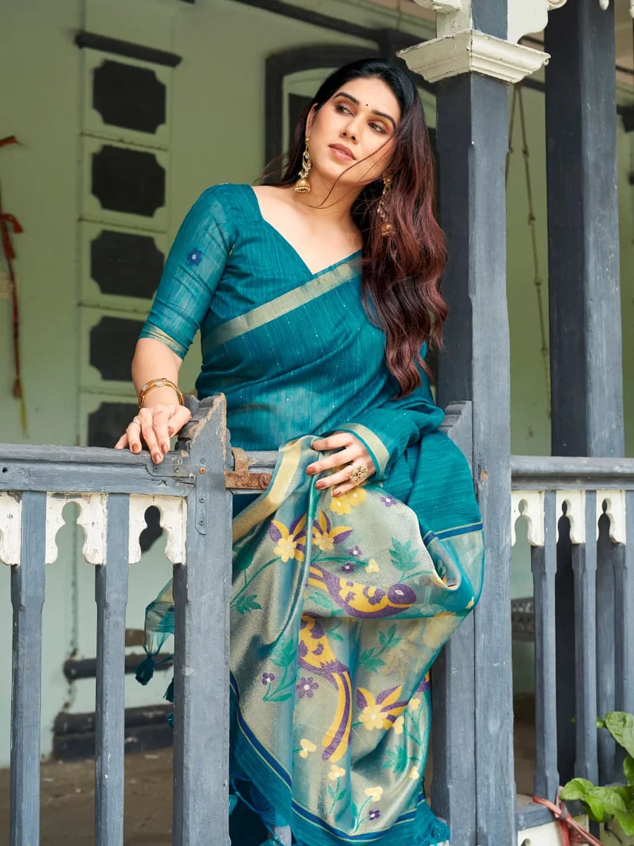 Linen Silk 708 – Premium Soft Pure Linen Silk Saree with rich Zari & Meena weaving tissue pallu, tiny Zari border, all-over sequence Zari lining + running blous