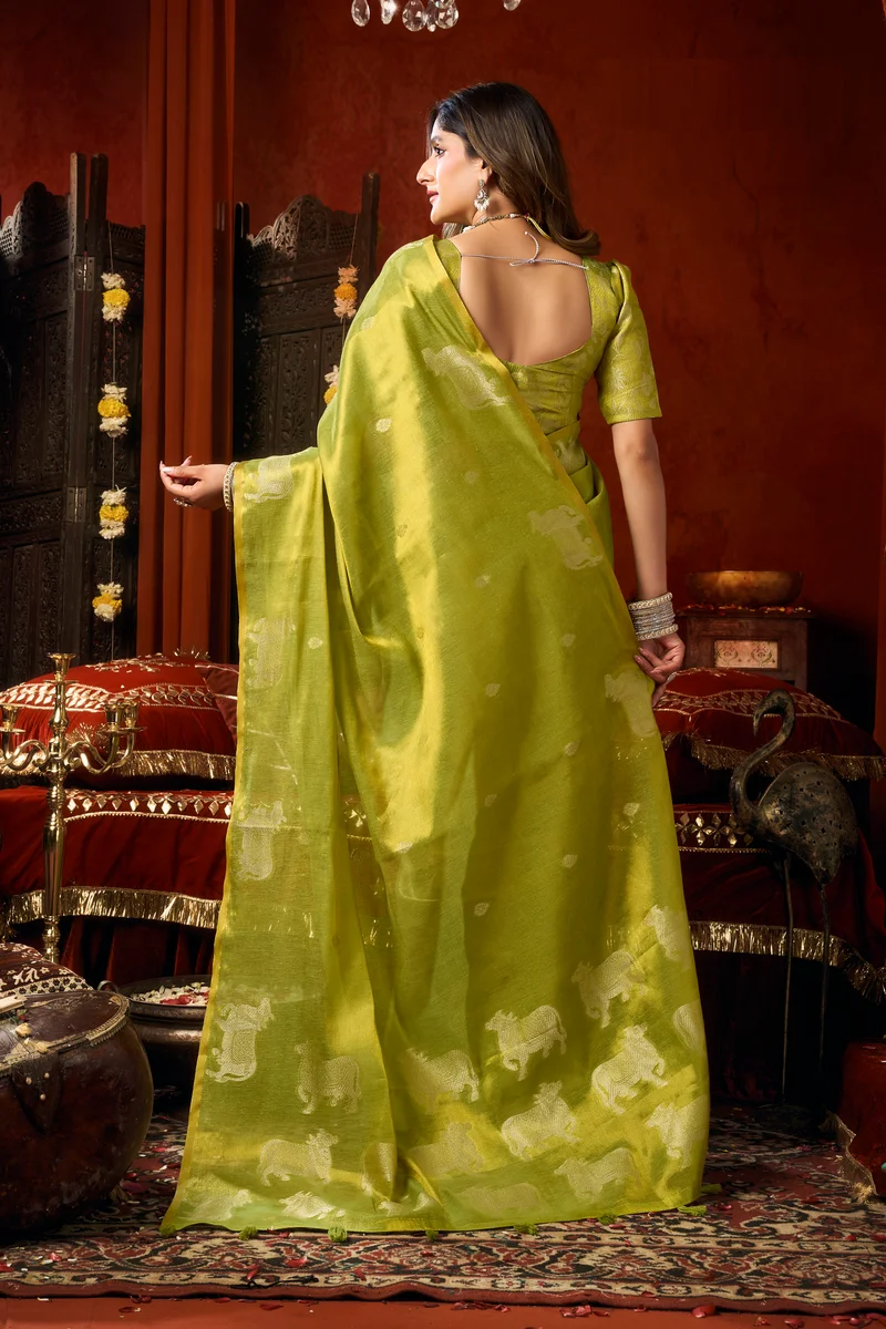 Supriya (Series 3601–3606) – Heavy Tissue Silk Saree with all-over Cow Butta & fancy tassels + matching blouse piece