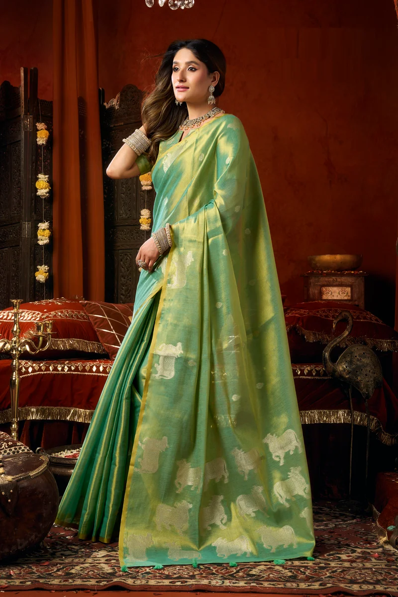 Supriya (Series 3601–3606) – Heavy Tissue Silk Saree with all-over Cow Butta & fancy tassels + matching blouse piece