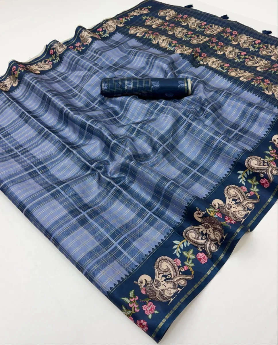 Charvi Tusser – Soft Tussar with Bentex border, Kalamkari pallu & border, small Zari checks, tassels + matching blouse piece